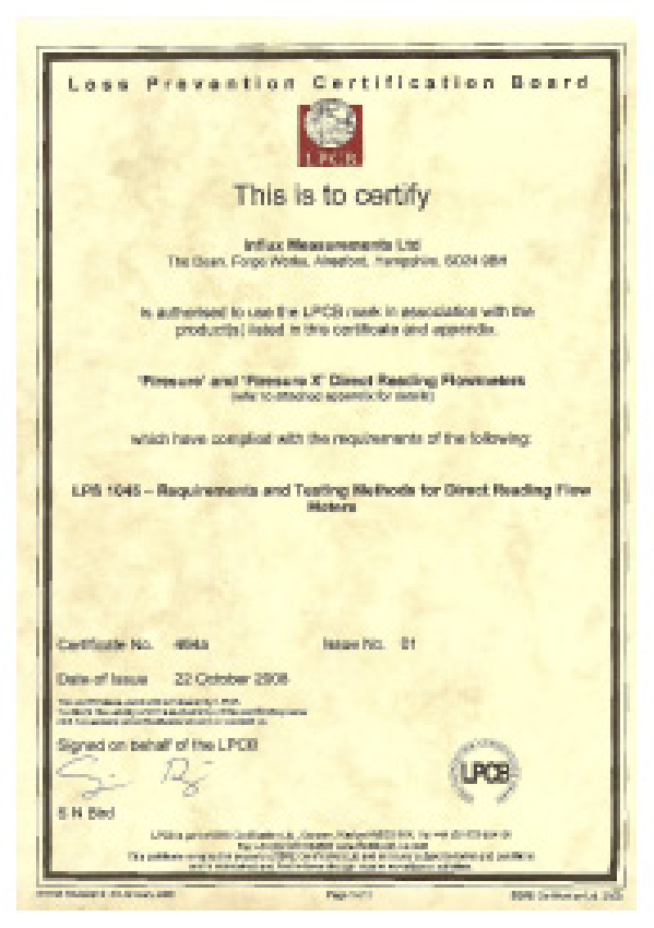 INFLUX Firesure LPCB Certificate